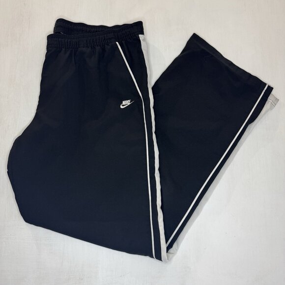 VTG Y2K Nike Track Pants Mens Medium Black Wide Open Leg Relaxed White Stripe - Picture 1 of 7